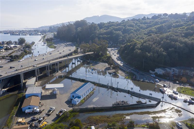 Aerial photo of king tide at Manzanita Junction, Mill Valley, California